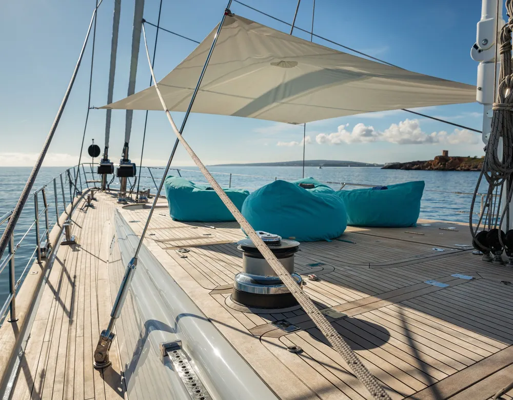 The foredeck’s shade sail over turquoise bean bags, teak decking and a coastline beyond