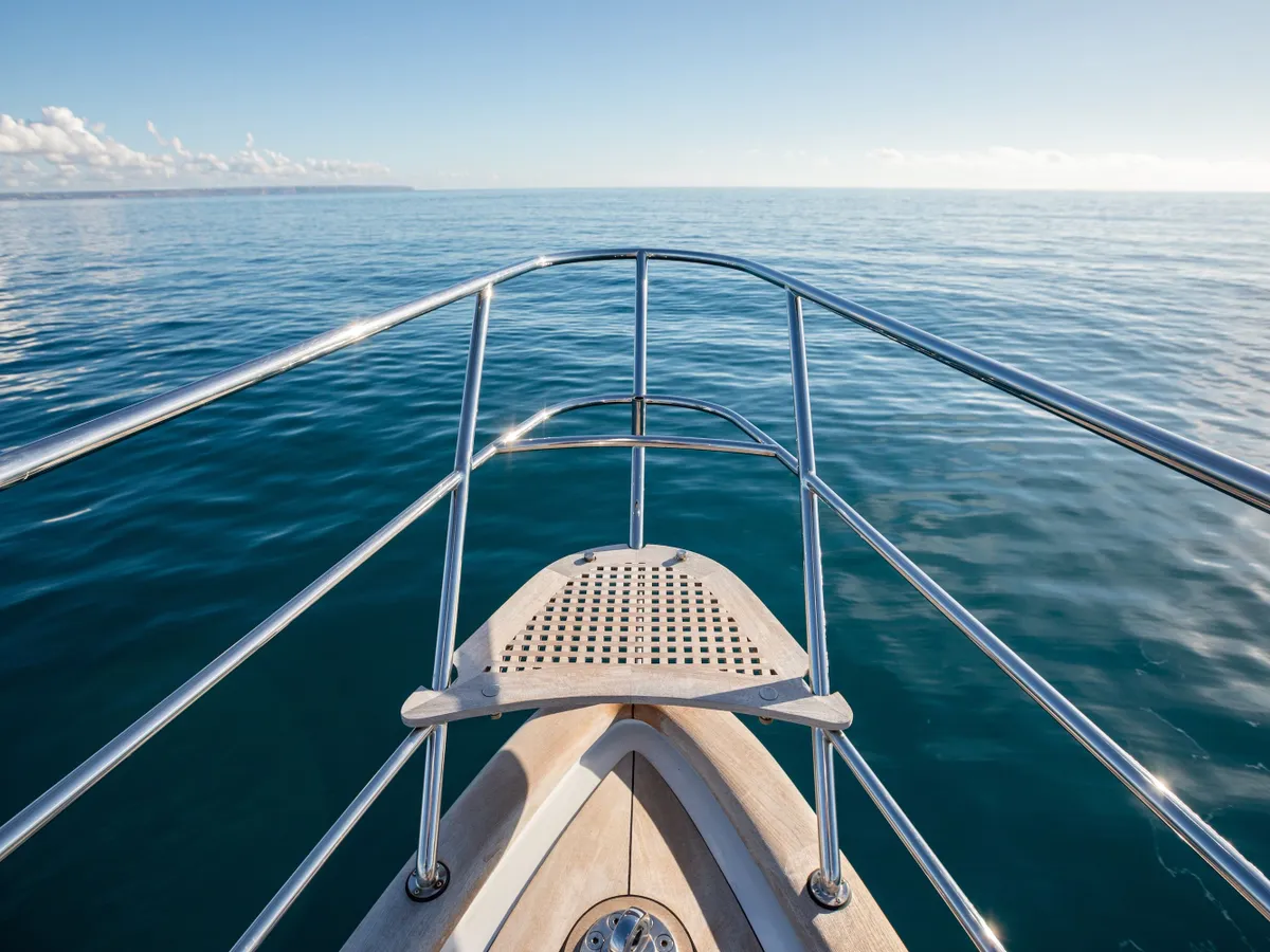 The curved rail and bow seat pointing towards an empty sea horizon