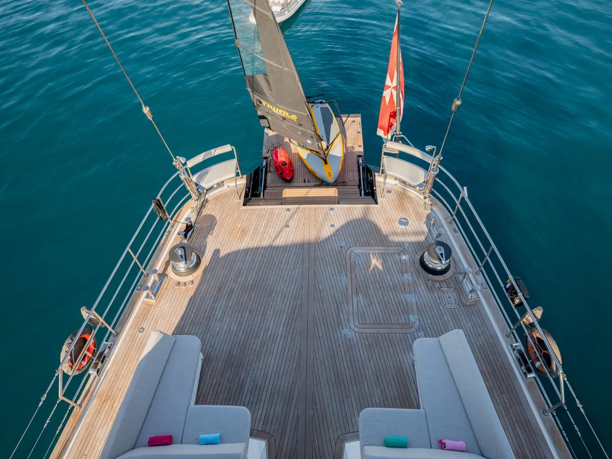 Overhead view of the stern with the Seabob, Tiwal dinghy and tender all rigged