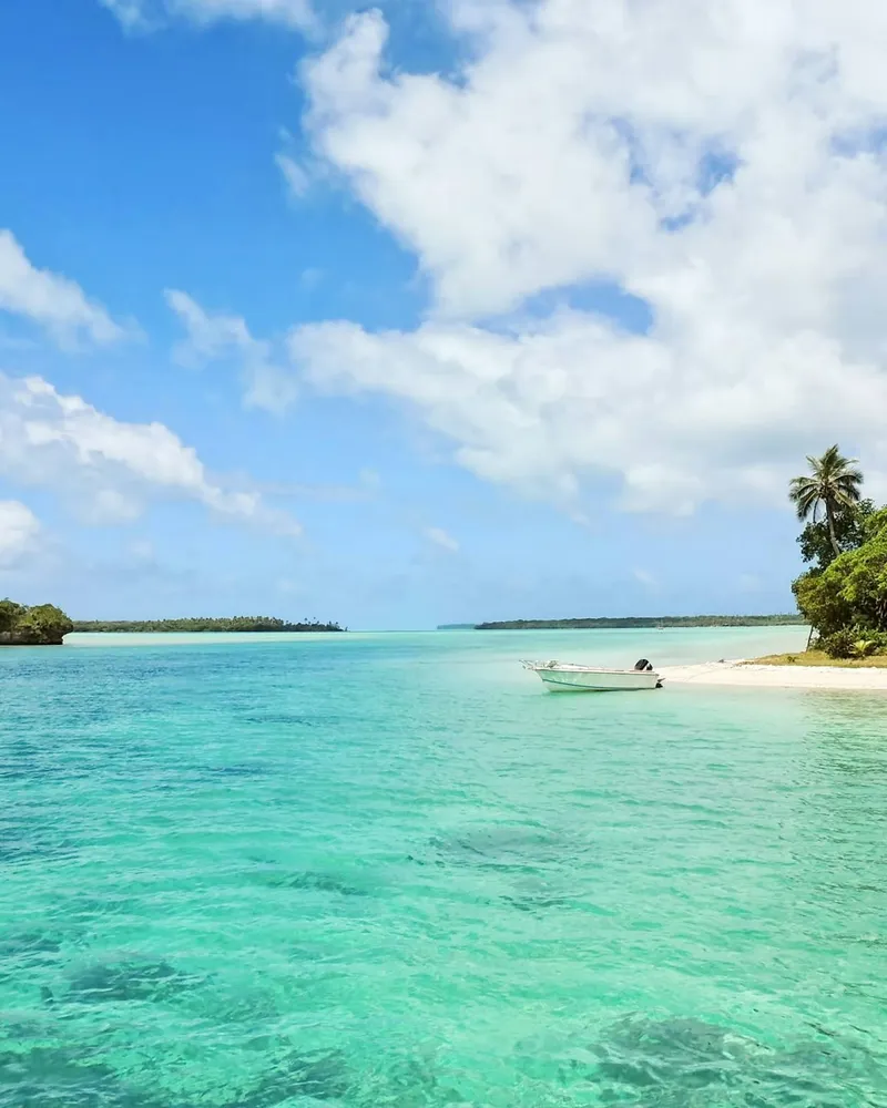 A small boat anchored off a palm-lined beach in a turquoise lagoon