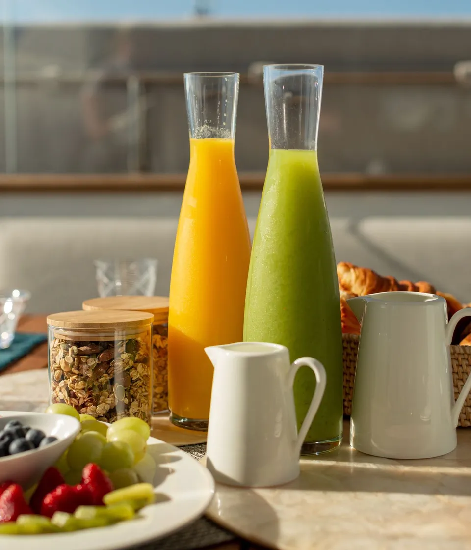 Breakfast on board with fresh juices, fruit and a croissant