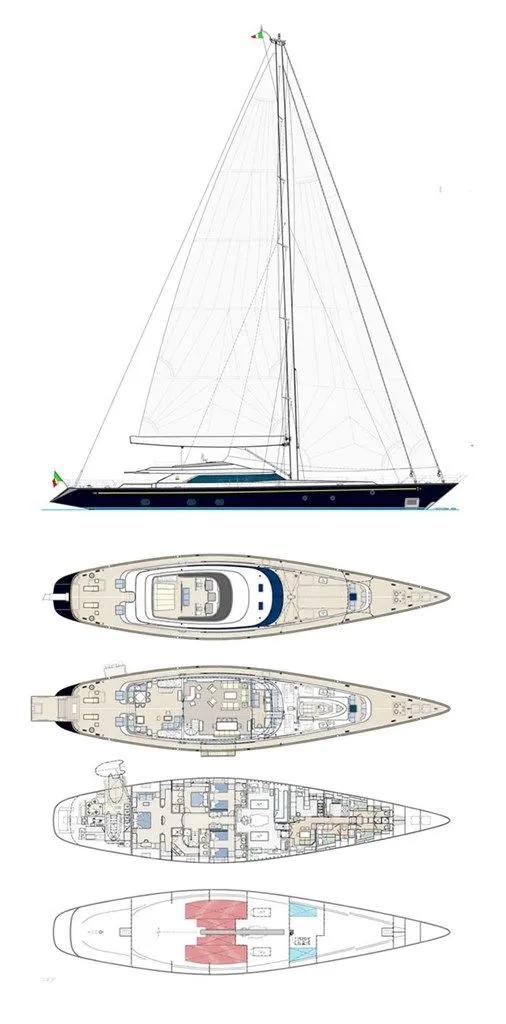 Serendipity I sail profile and four deck drawings, showing the accommodation and machinery layout